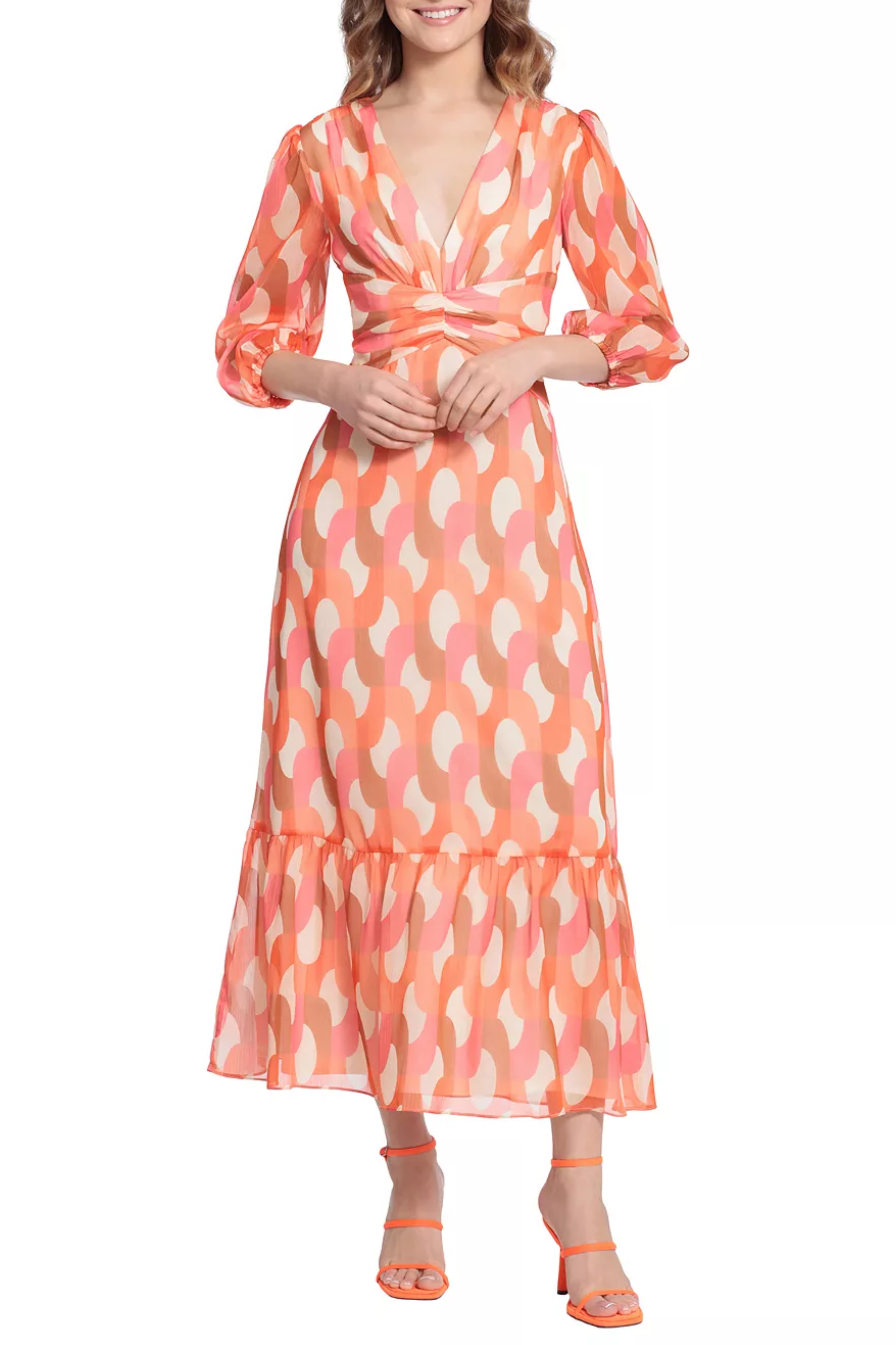 Cream Coral Balloon Sleeve Long Sleeve Tiered Skirt Maxi A-Line Dress by Donna Morgan D8302M