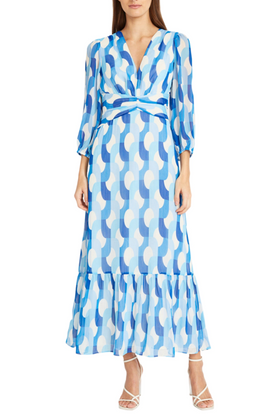 Cream Powder Balloon Sleeve Long Sleeve Tiered Skirt Maxi A-Line Dress by Donna Morgan D8302M