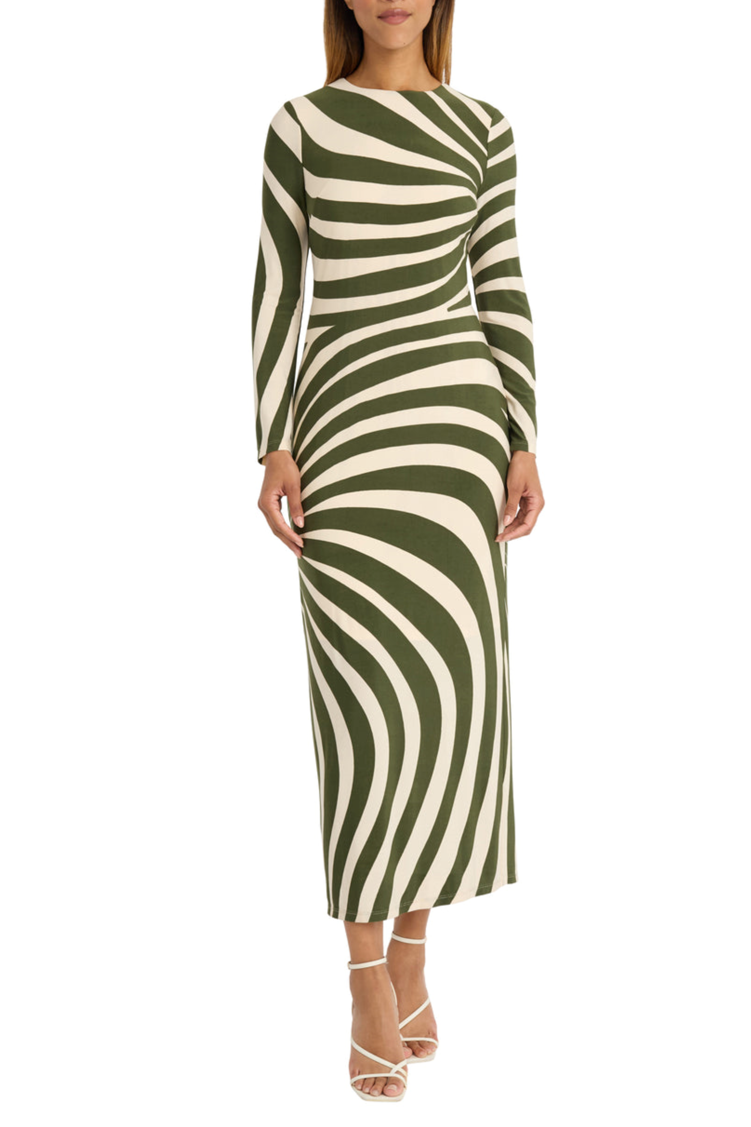 Ivory Cedar Green Abstract Stripe Long Sleeve Midi Dress by Donna Morgan D8371M
