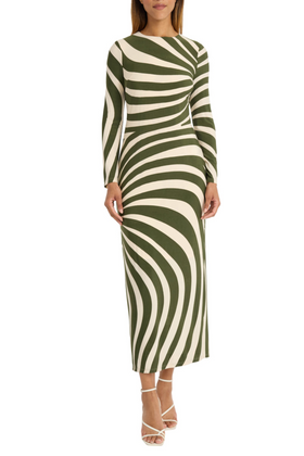 Ivory Cedar Green Abstract Stripe Long Sleeve Midi Dress by Donna Morgan D8371M
