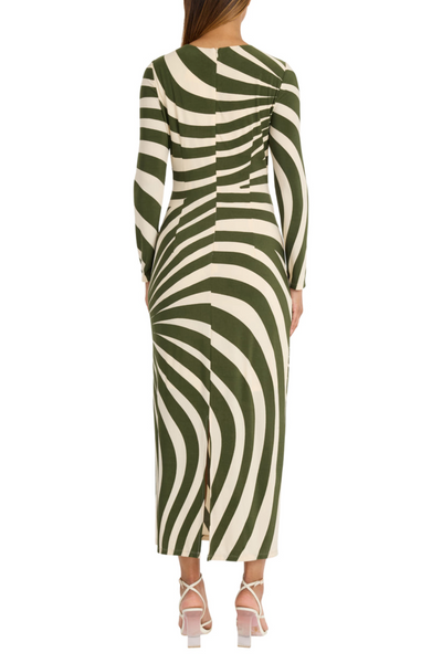 Ivory Cedar Green Abstract Stripe Long Sleeve Midi Dress by Donna Morgan D8371M