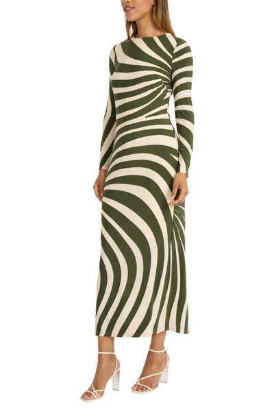Ivory Cedar Green Abstract Stripe Long Sleeve Midi Dress by Donna Morgan D8371M
