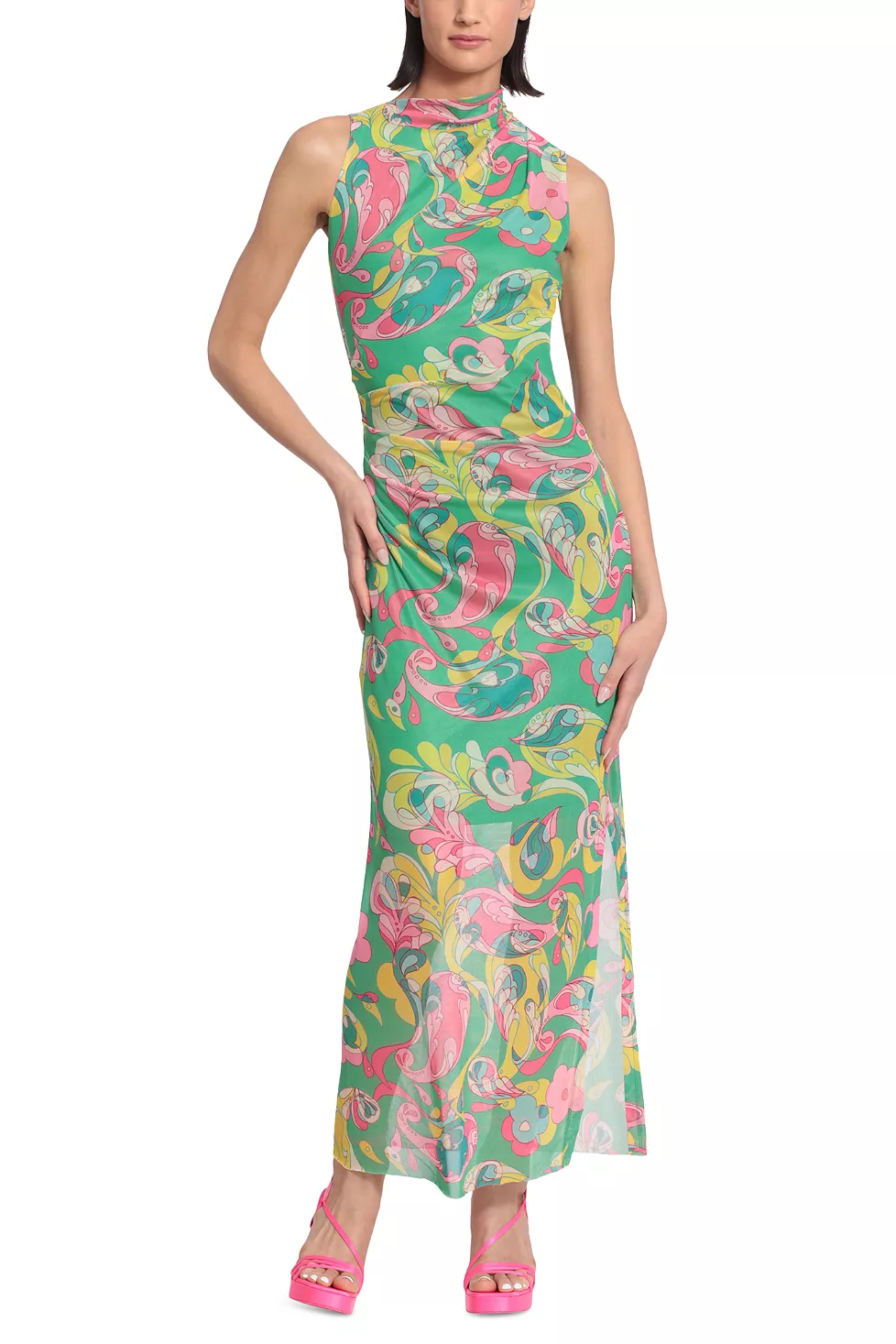 Green Pink Mock Neck Sleeveless Floral Maxi Dress by Donna Morgan D8443M