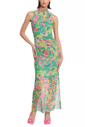 Green Pink Mock Neck Sleeveless Floral Maxi Dress by Donna Morgan D8443M