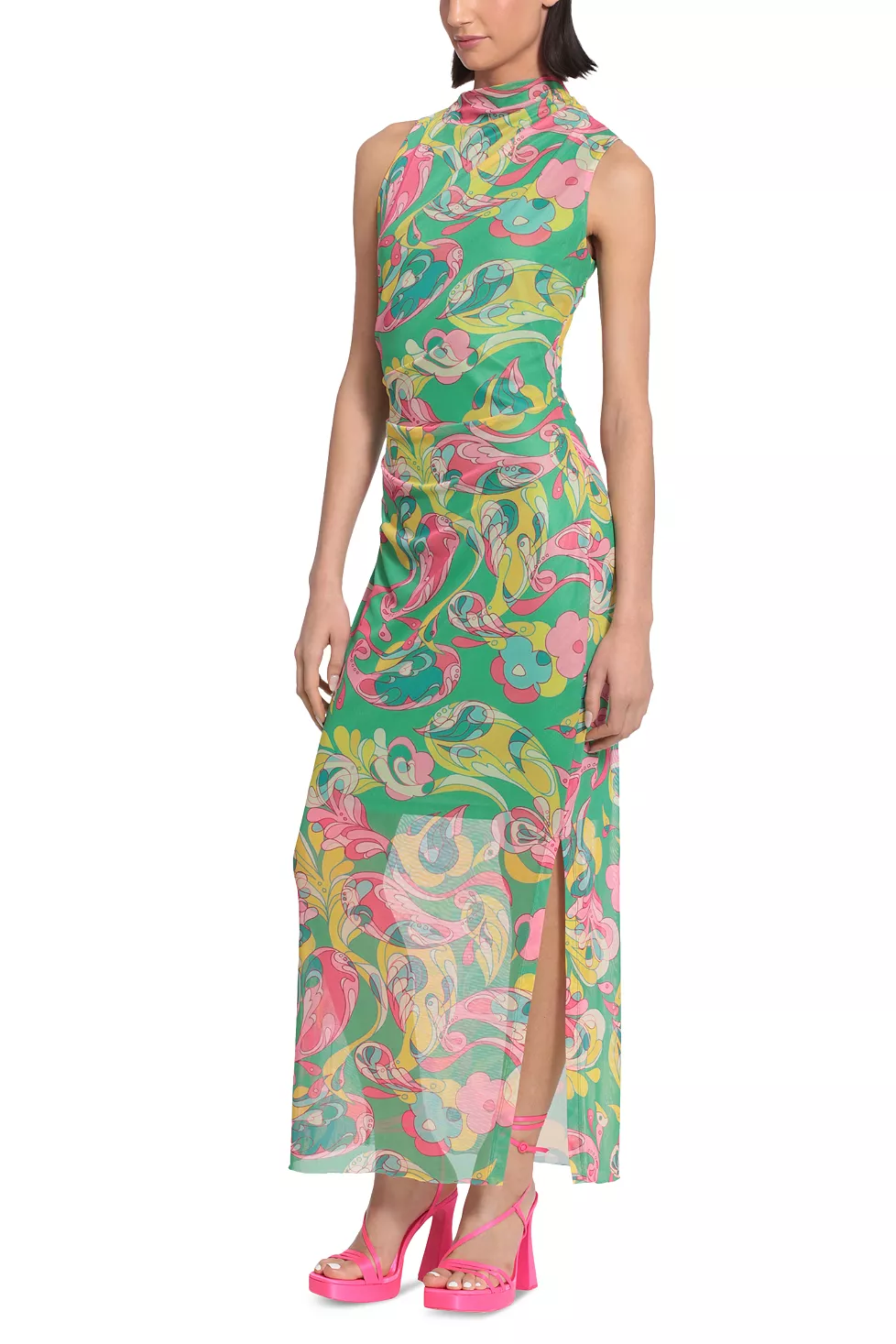 Green Pink Mock Neck Sleeveless Floral Maxi Dress by Donna Morgan D8443M