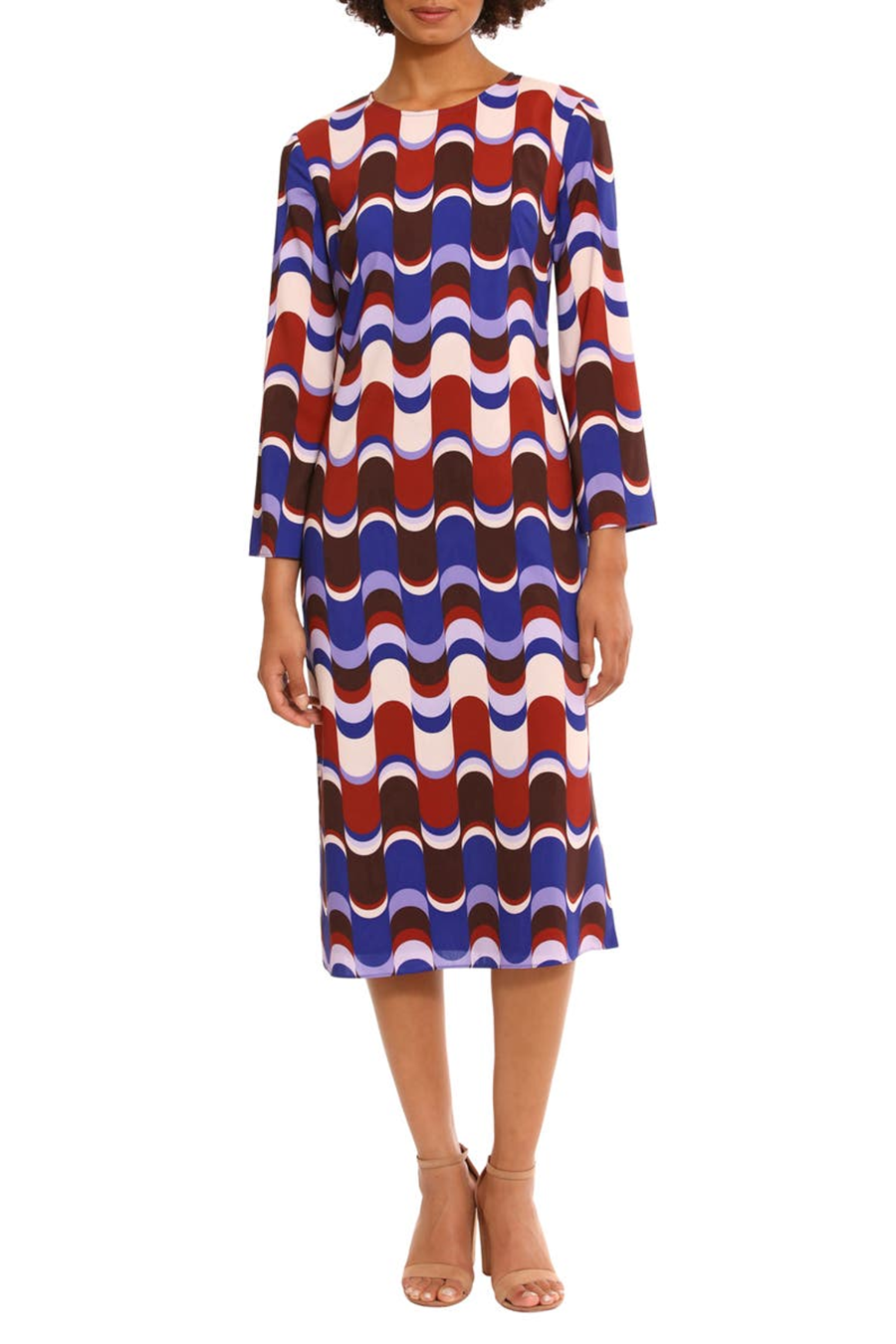 Beige Brown Keyhole Neck Long Sleeve Geo Print Midi Dress by Donna Morgan D9151M