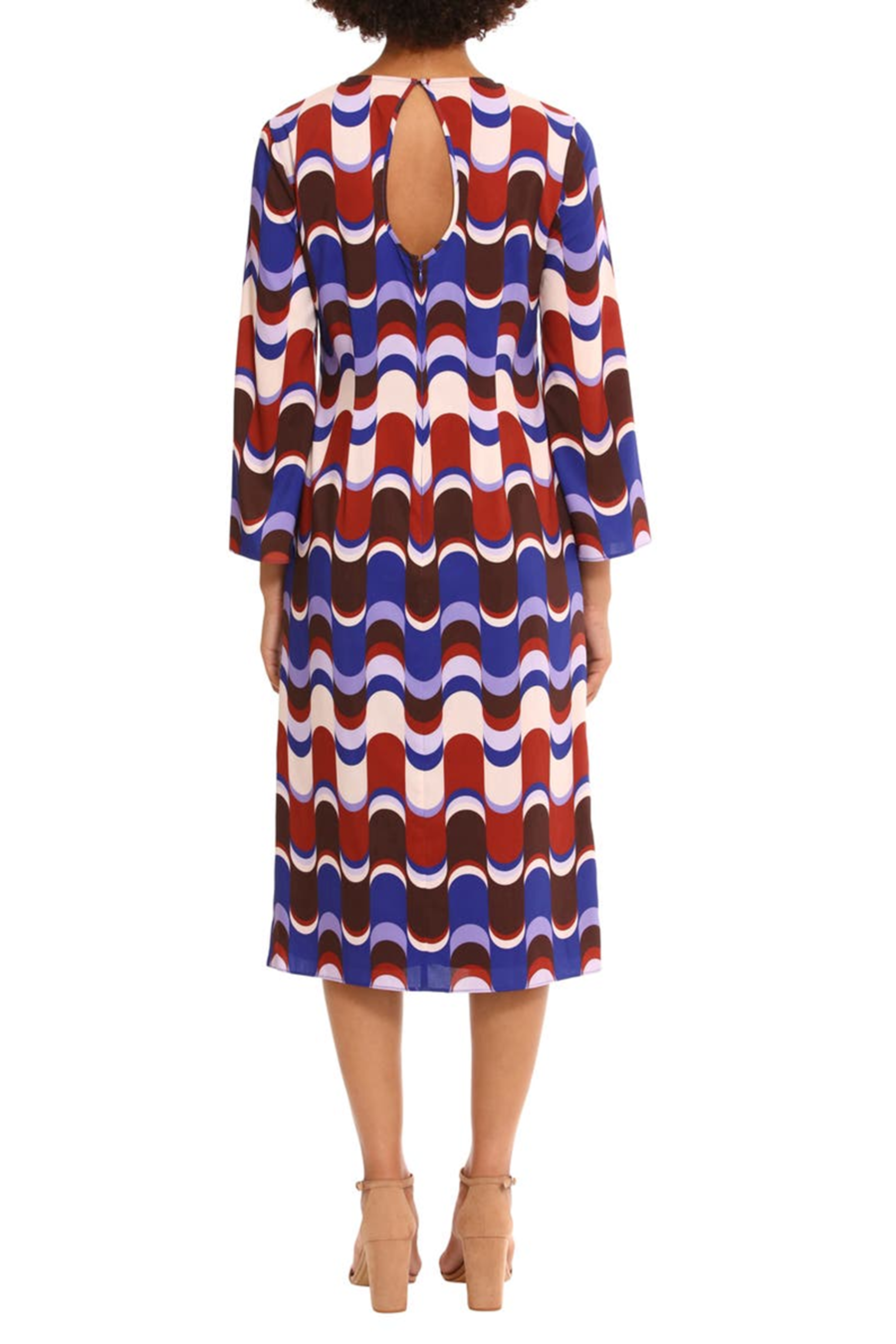 Beige Brown Keyhole Neck Long Sleeve Geo Print Midi Dress by Donna Morgan D9151M