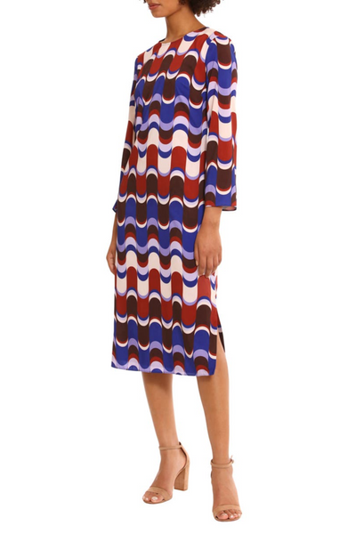 Beige Brown Keyhole Neck Long Sleeve Geo Print Midi Dress by Donna Morgan D9151M