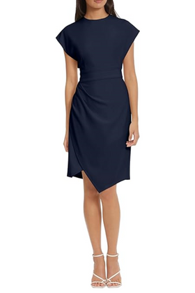 Twilight Navy Cap Sleeve Asymmetrical Sheath Knee-Length Dress by Donna Morgan D9216M
