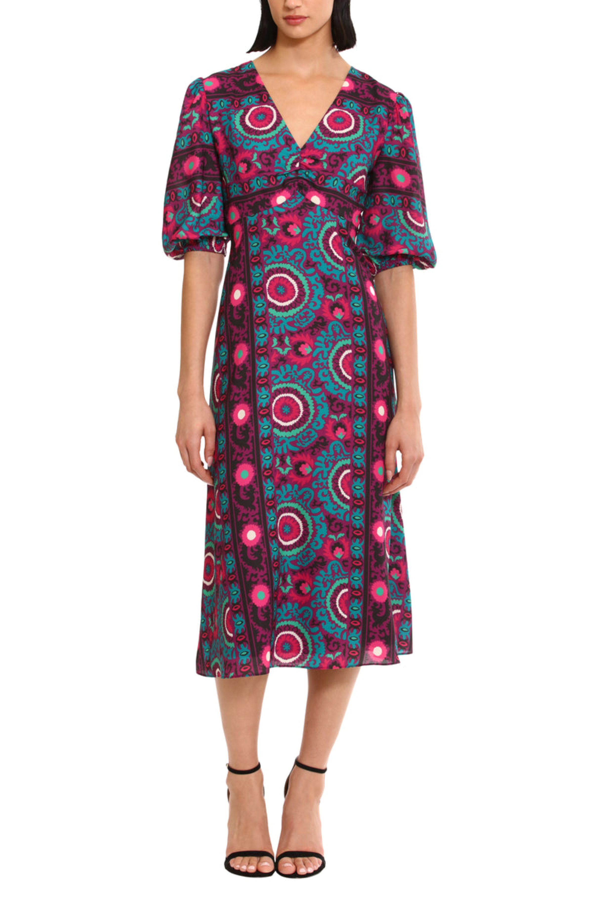Plum Turquoise Floral Puff Sleeve A-Line Midi Dress by Donna Morgan D9234M