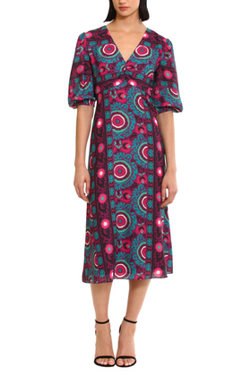 Plum Turquoise Floral Puff Sleeve A-Line Midi Dress by Donna Morgan D9234M