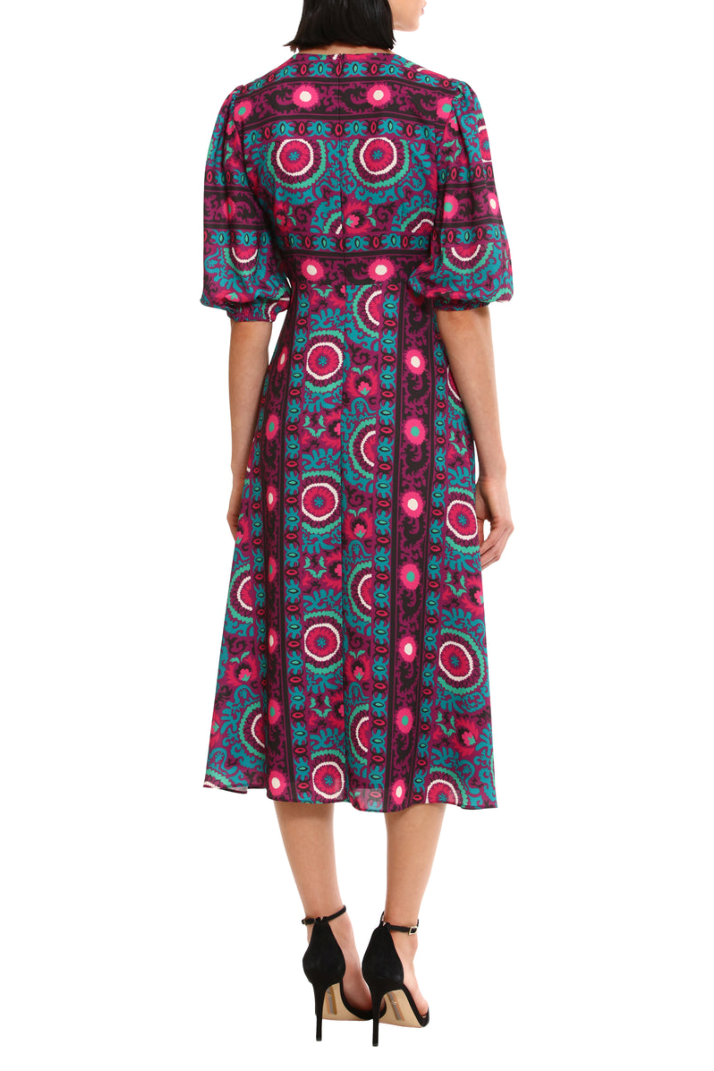 Plum Turquoise Floral Puff Sleeve A-Line Midi Dress by Donna Morgan D9234M