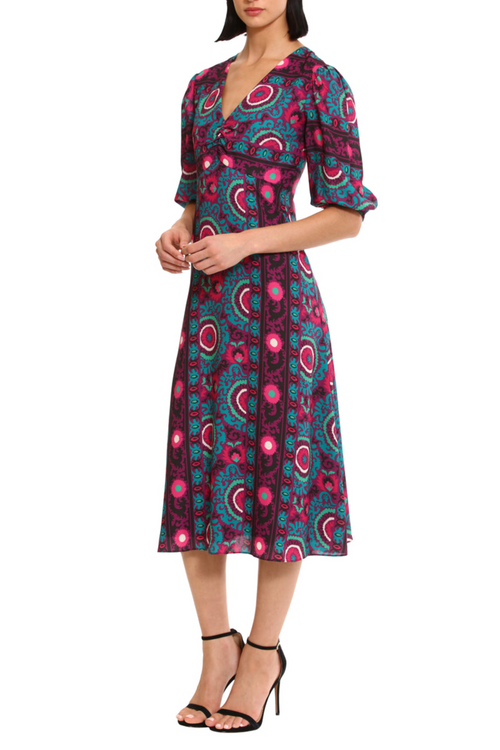 Plum Turquoise Floral Puff Sleeve A-Line Midi Dress by Donna Morgan D9234M