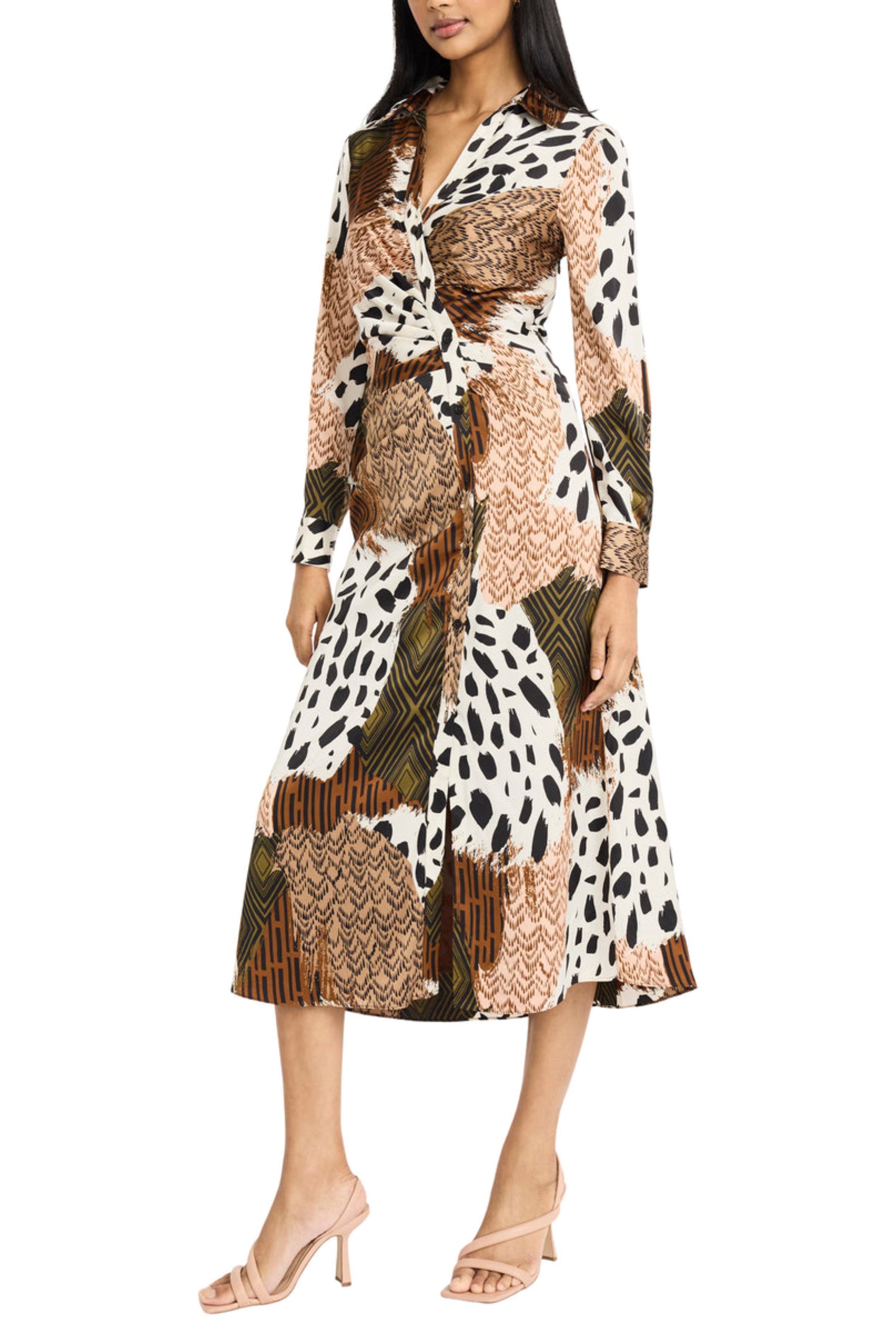 Multi Print Long Sleeve Shirt Midi A-Line Dress by Donna Morgan D9622M