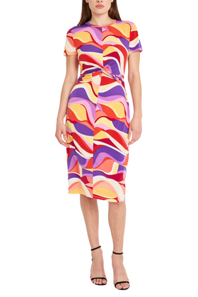 White Byza Short Sleeve Abstract Midi Dress by Donna Morgan DT182M
