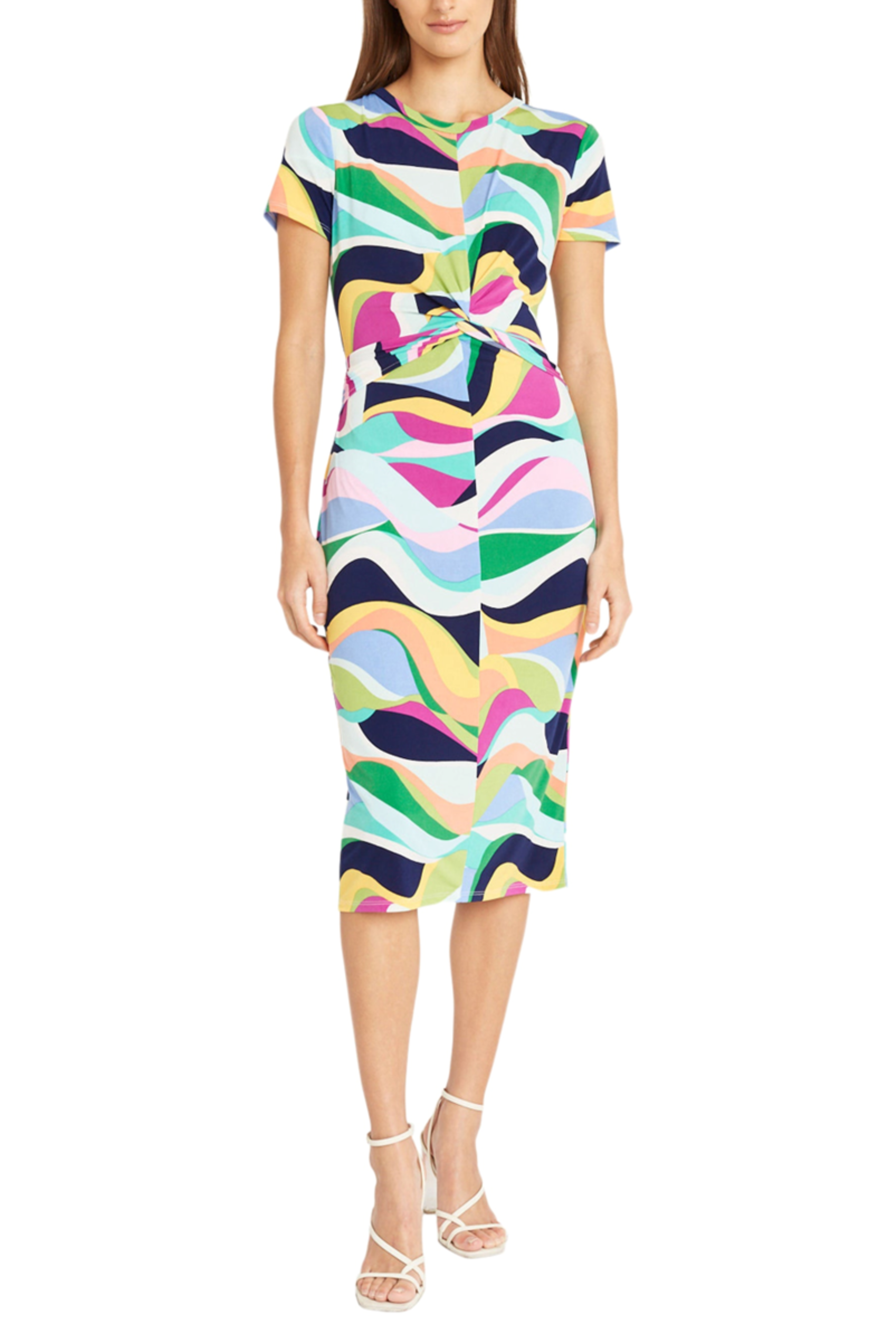 White Jade Short Sleeve Abstract Midi Dress by Donna Morgan DT182M