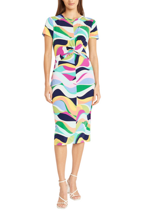 White Jade Short Sleeve Abstract Midi Dress by Donna Morgan DT182M