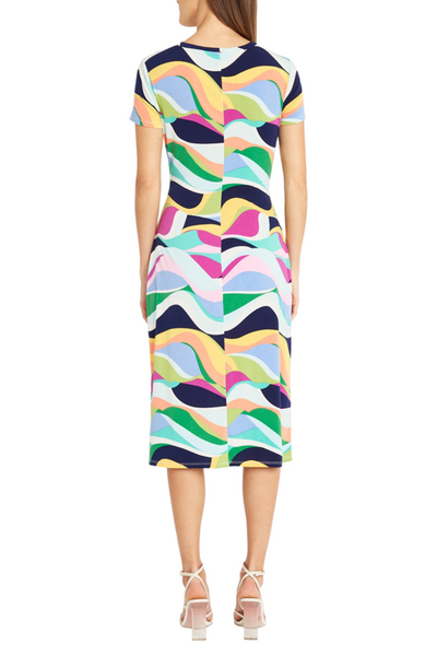 White Jade Short Sleeve Abstract Midi Dress by Donna Morgan DT182M