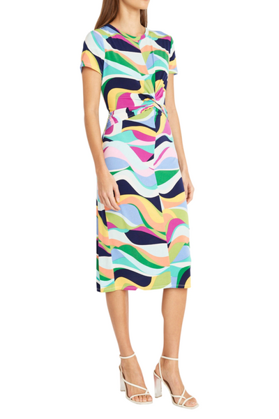 White Jade Short Sleeve Abstract Midi Dress by Donna Morgan DT182M