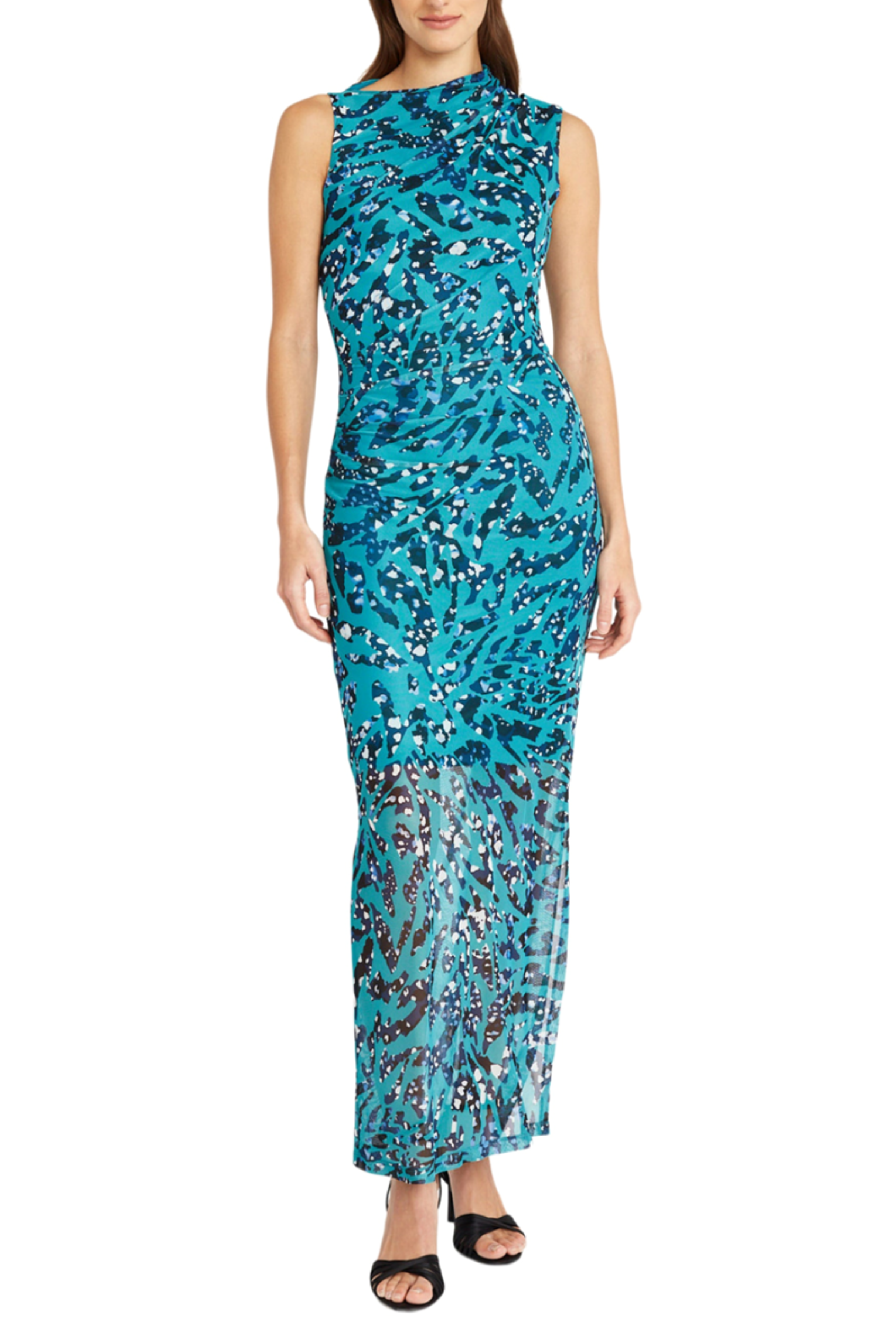 Aqua Blue Abstract Mock Neck Sleeveless Maxi Dress by Donna Morgan DT316M