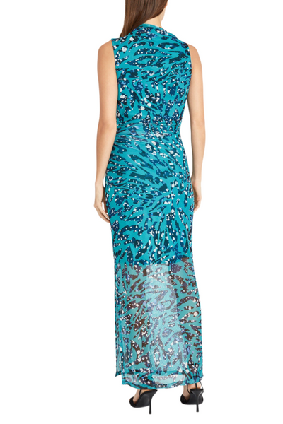 Aqua Blue Abstract Mock Neck Sleeveless Maxi Dress by Donna Morgan DT316M
