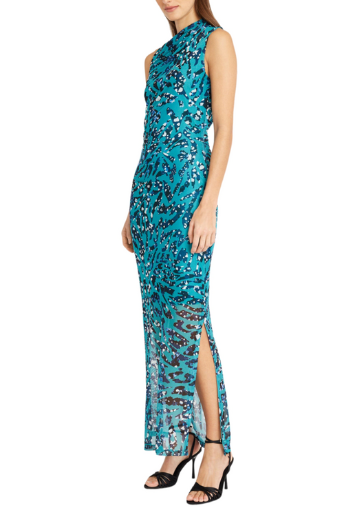 Aqua Blue Abstract Mock Neck Sleeveless Maxi Dress by Donna Morgan DT316M