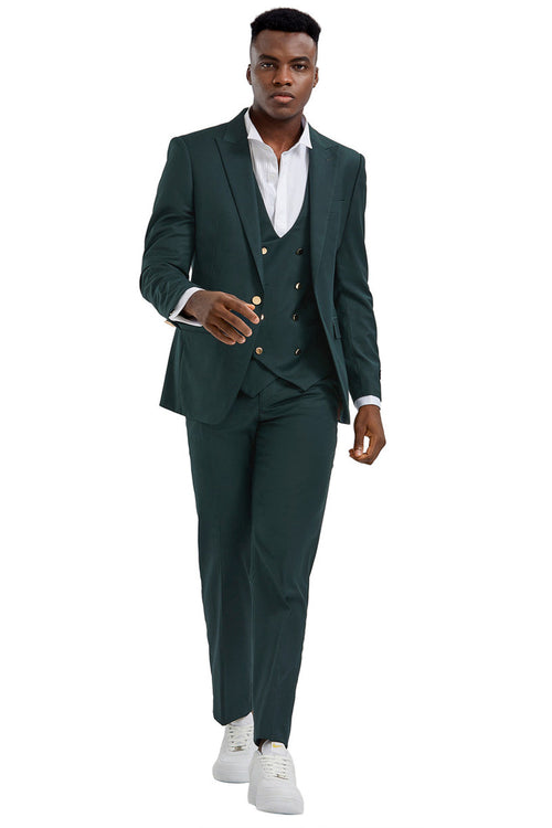 Men's Hunter Green Vested Suit with Gold Buttons by Tazzio Suits