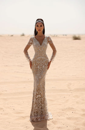 Chic and Holland HF110026 V-Neck Long Sleeve Beaded Evening Gown