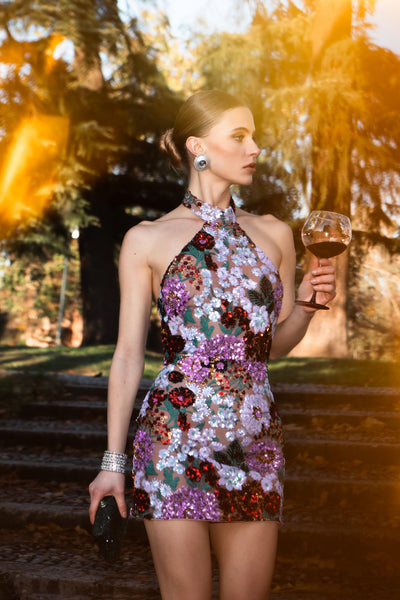 Bella Barnett Polasa Halter Sleeveless Sequins Flower Cocktail Party
