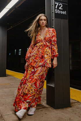 Flying Tomato 20410 Rust Printed Long Sleeve Maxi Dress