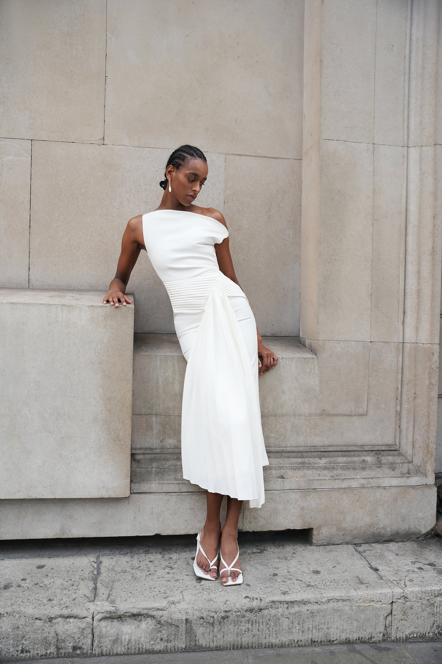 Bella Barnett Paulina Oblique Shoulder Sleeveless Folds Cocktail Party Midi Dress