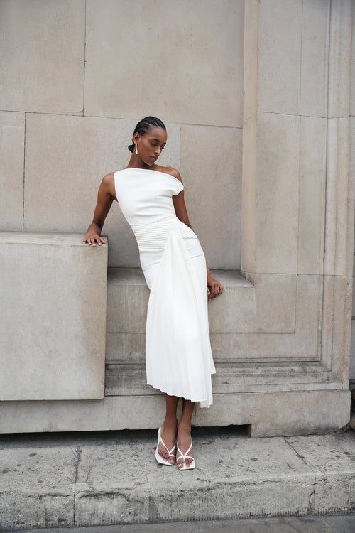 Bella Barnett Paulina Oblique Shoulder Sleeveless Folds Cocktail Party Midi Dress