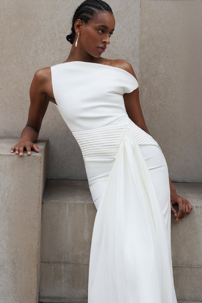 Bella Barnett Paulina Oblique Shoulder Sleeveless Folds Cocktail Party Midi Dress