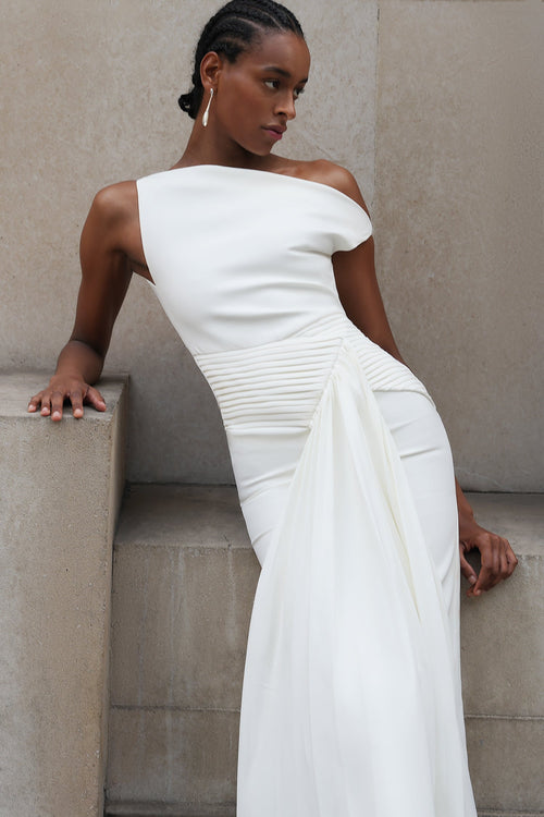 Bella Barnett Paulina Oblique Shoulder Sleeveless Folds Cocktail Party Midi Dress