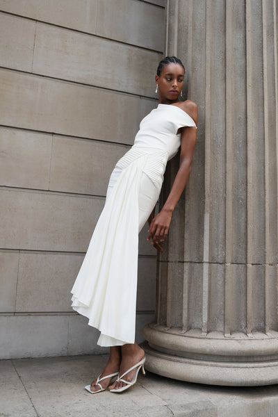 Bella Barnett Paulina Oblique Shoulder Sleeveless Folds Cocktail Party Midi Dress