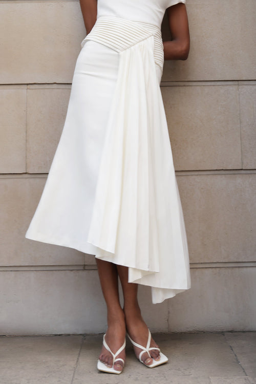Bella Barnett Paulina Oblique Shoulder Sleeveless Folds Cocktail Party Midi Dress