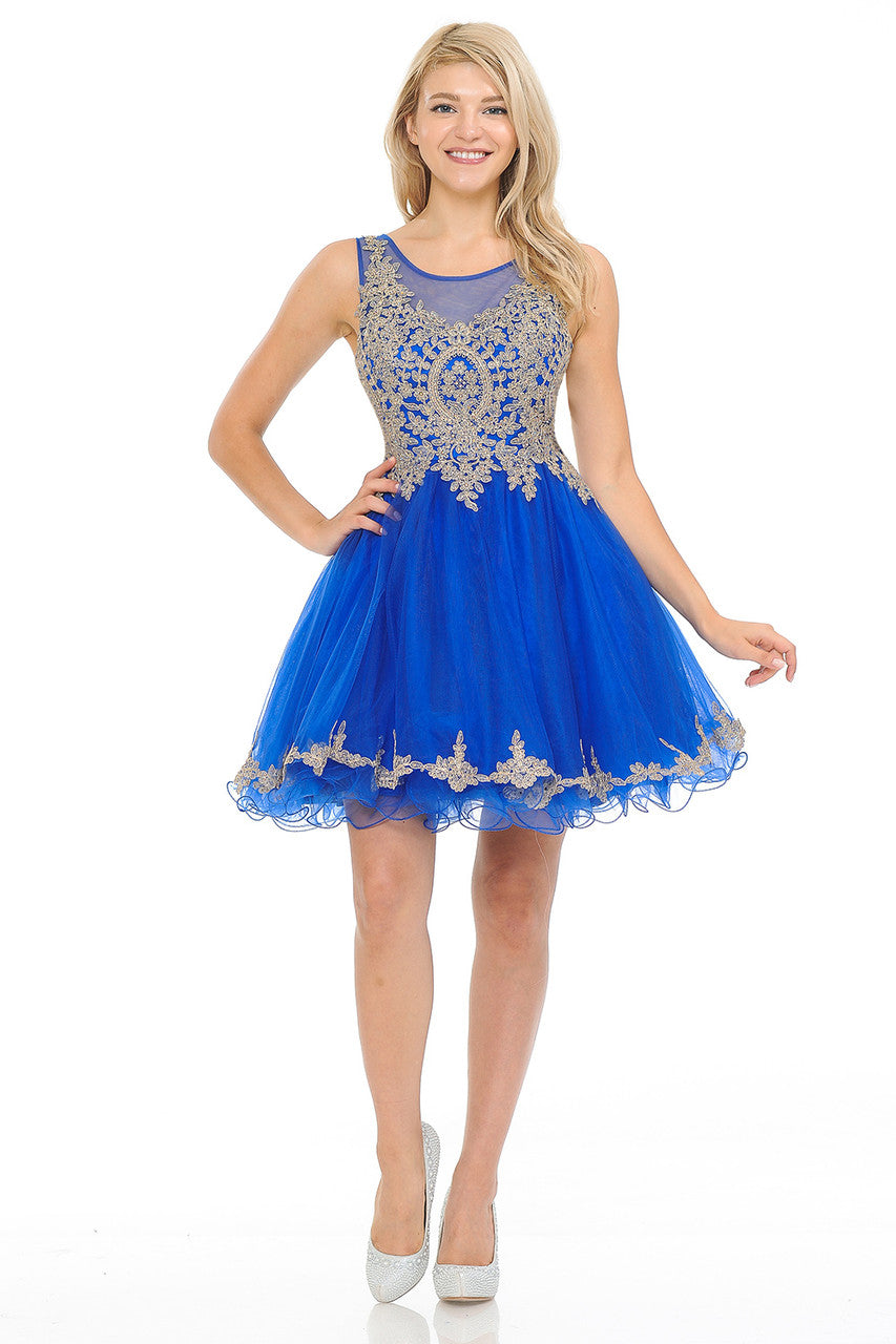 Sleeveless Gold Embroidered Short Tulle Party Dress By Lenovia 8101