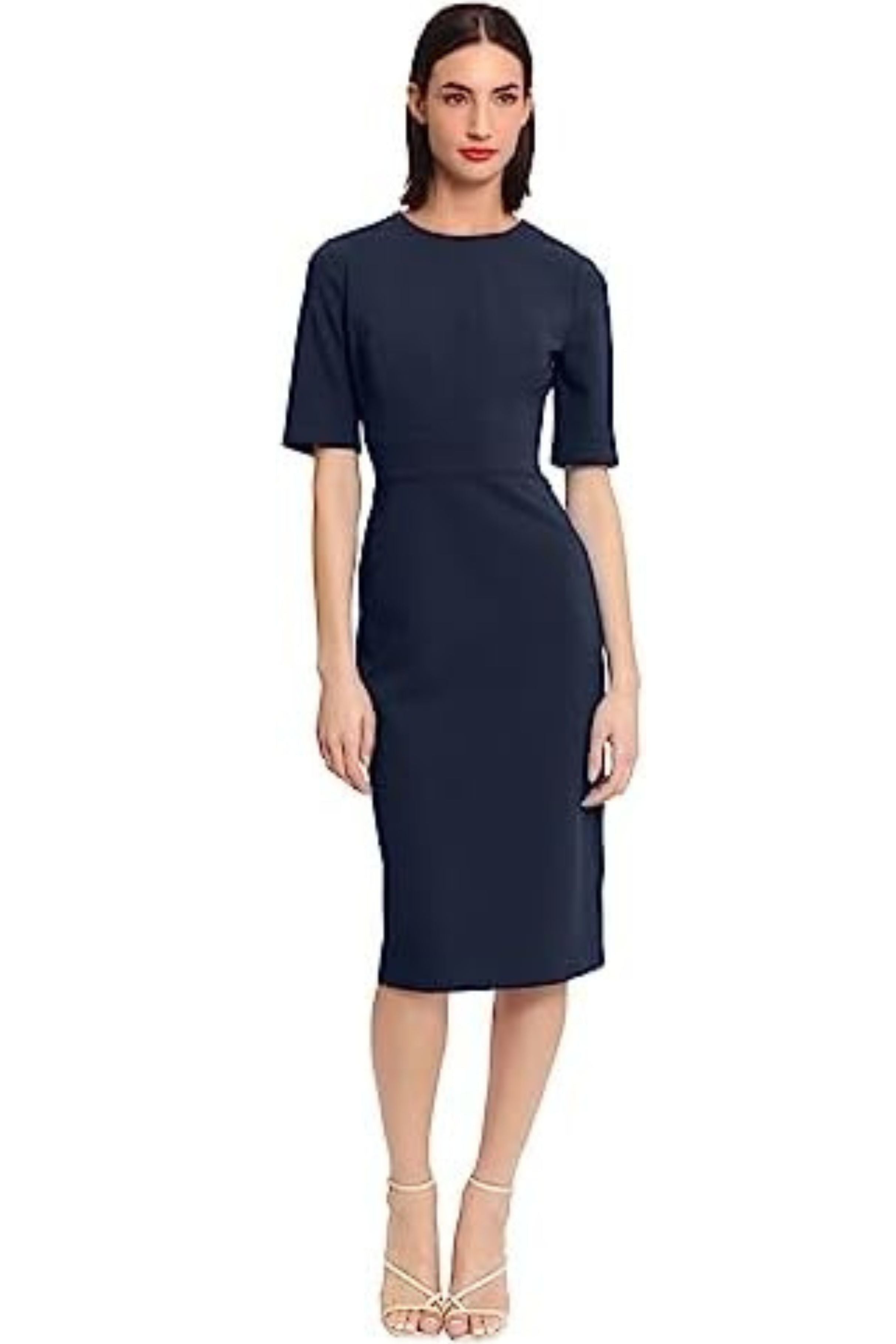 Twlight Navy Elbow Sleeve Midi Sheath Dress by Donna Morgan DT088M