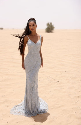 Chic and Holland HF110033 V-Neck Beaded Evening Gown