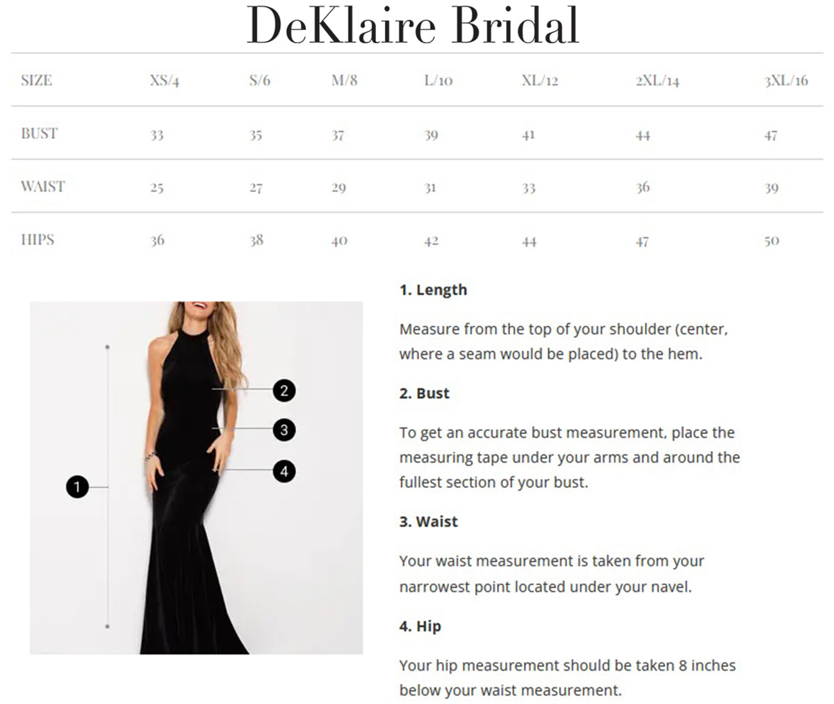 Deklaire Bridal Size Chart