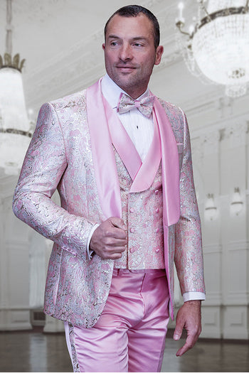 Esmoquin de boda para hombre con estampado paisley brillante y chaleco cruzado en rosa ruborizado