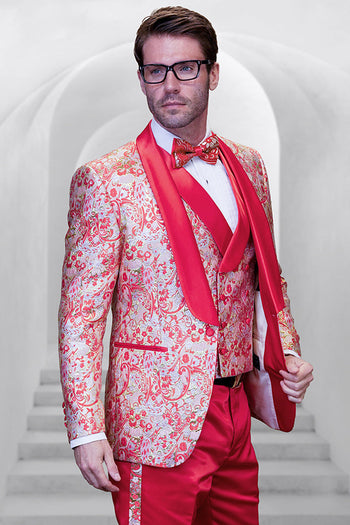 Esmoquin de boda para hombre con estampado paisley brillante y chaleco cruzado en color coral naranja