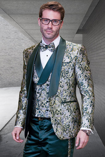 Esmoquin de boda para hombre con estampado paisley brillante y chaleco cruzado en verde cazador