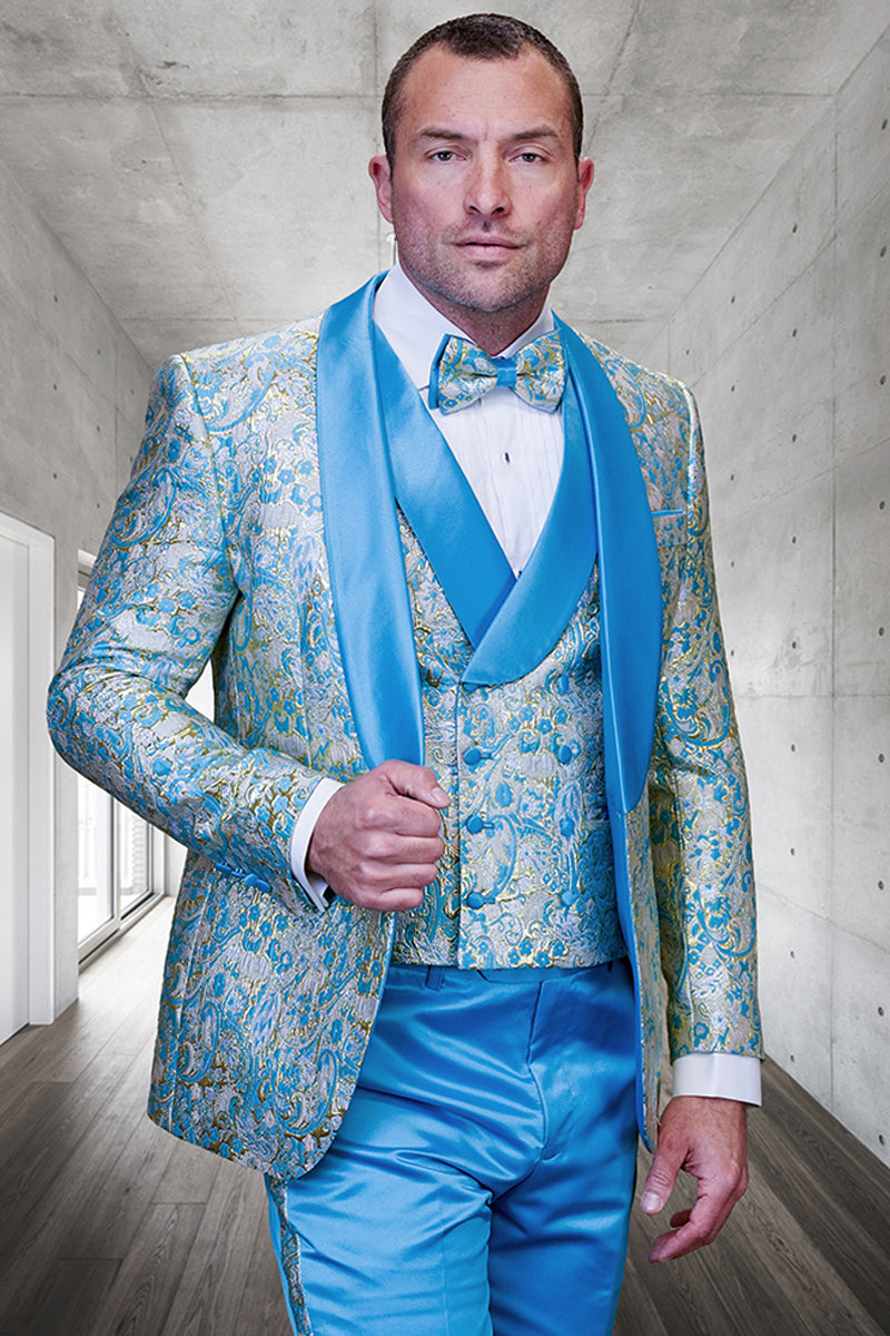 Esmoquin de boda para hombre con estampado paisley brillante y chaleco cruzado en turquesa