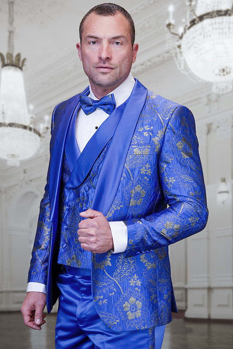 Esmoquin de hombre para fiesta de graduación y boda con estampado de encaje paisley azul real