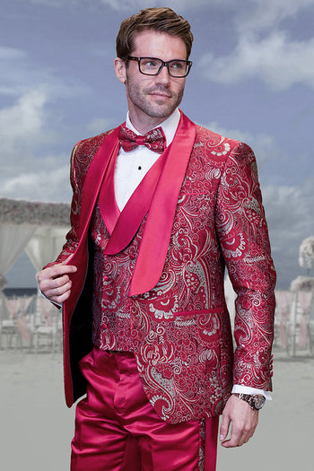 Esmoquin de boda y graduación con estampado paisley y brocado elegante para hombre en rojo