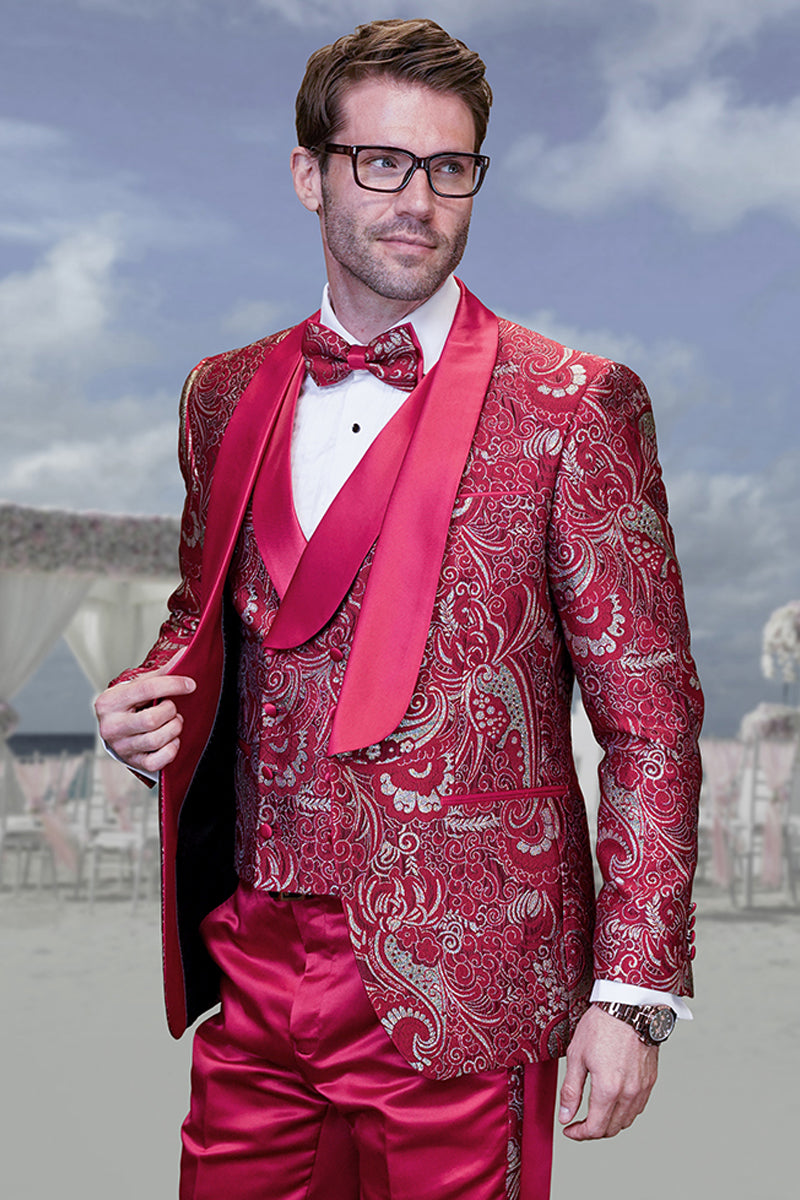 Esmoquin de boda y graduación con estampado paisley y brocado elegante para hombre en rojo