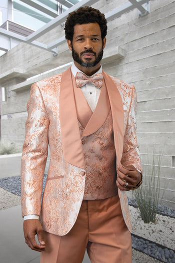 Esmoquin de diseñador para hombre, con chaleco, para graduación y boda, en satén japonés con estampado de cachemira en rosa ruborizado.