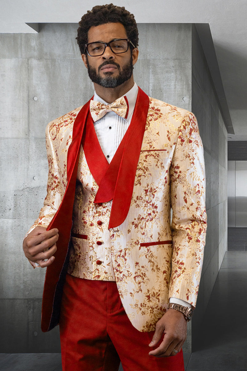 Esmoquin de diseñador para hombre, con chaleco, para graduación y boda, en satén japonés con estampado de cachemira en color naranja coral.