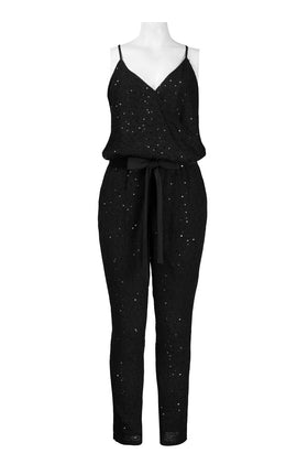 Black Adjustable Strap Bow Tie Detail Sequined Skinny Jumpsuit by Donna Morgan D2914M